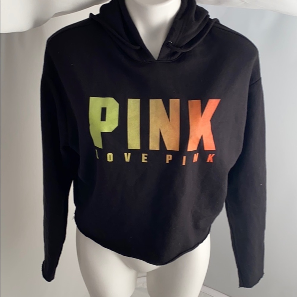 Victoria’s Secret PINK black with rainbow logo crop hoodie S
